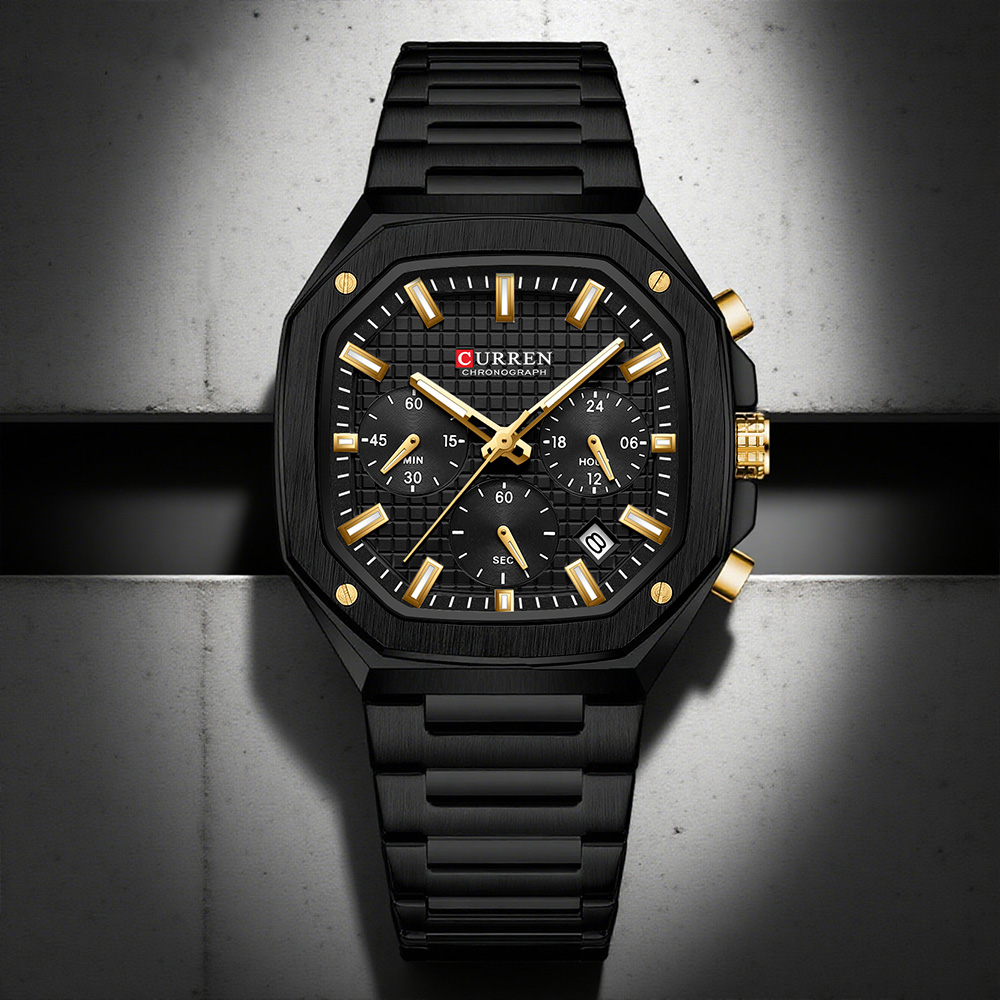 Luxury Watch Dial - CURREN 高級スクエアクロノ腕時計男性用クラシックデザインブラックダイヤルにゴールドアクセントファッションクォーツ腕時計発光針
