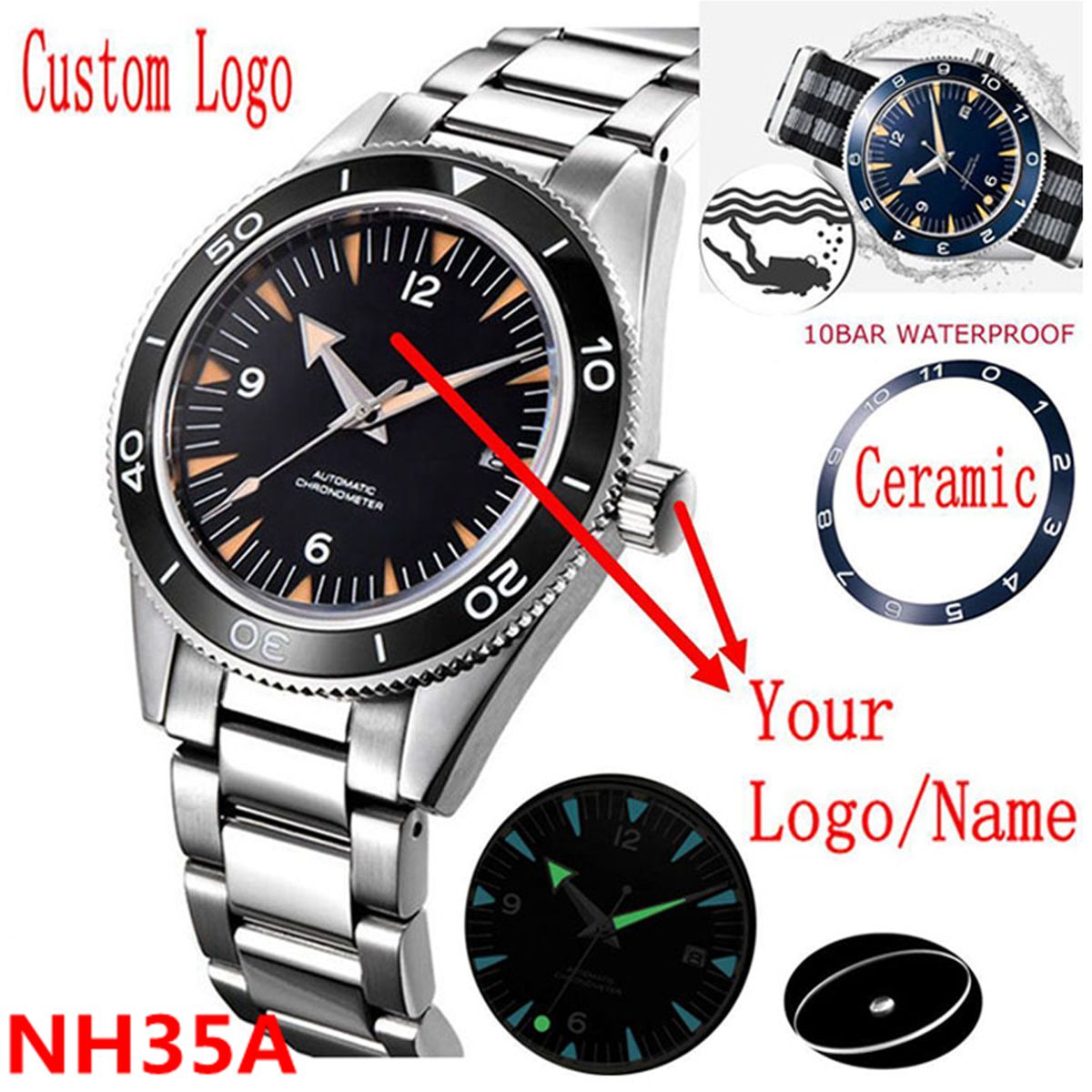 カスタムロゴ NH35 ムーブメント腕時計 10bars メ - Luxury Watch Logo のレビューと価格